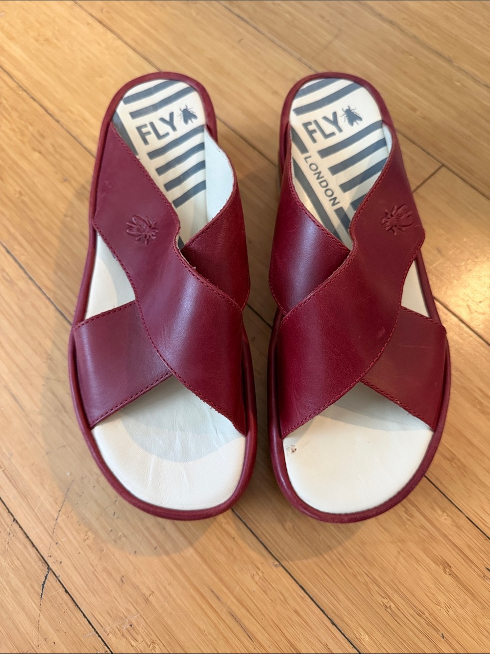 Fly London Women's Burgundy Crisscross Leather Slide Sandals
